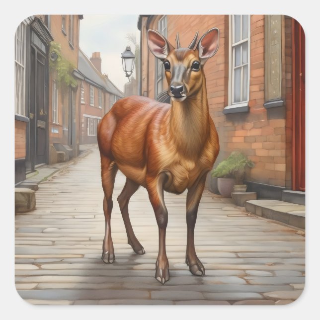 Pegatina Cuadrada Red del Sur Muntjac en calle de piedra adoquinada (Anverso)