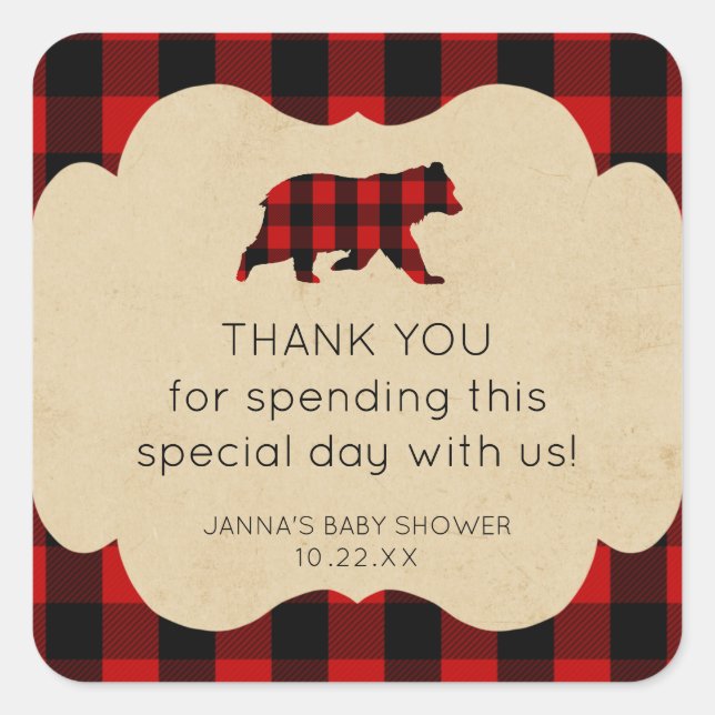 Pegatina Cuadrada Red Flannel Plaid Bear gracias favor (Anverso)