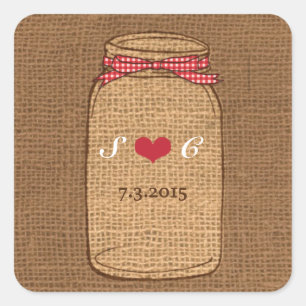 Pegatina Cuadrada Red Gingham & Burlap Mason Jar Boda