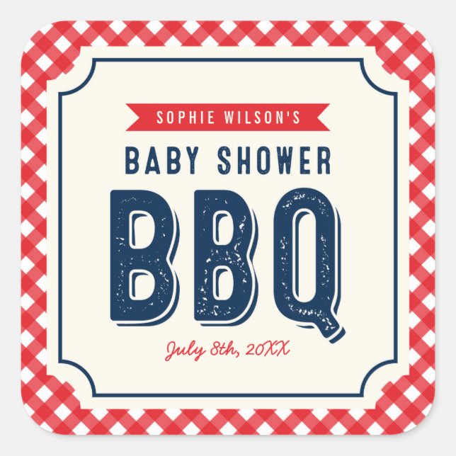 Pegatina Cuadrada Red Gingham y Blue Baby Shower BBQ Fiesta (Anverso)