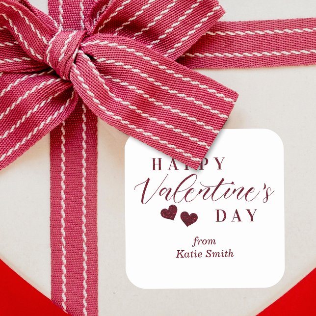 Pegatina Cuadrada Red Glitter Happy Valentine's Day Hearts (Red Glitter Effect Happy Valentine's Day Hearts Sticker.)