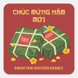 Pegatina Cuadrada Red & Gold Banh Chung Vietnamese Tet 2026