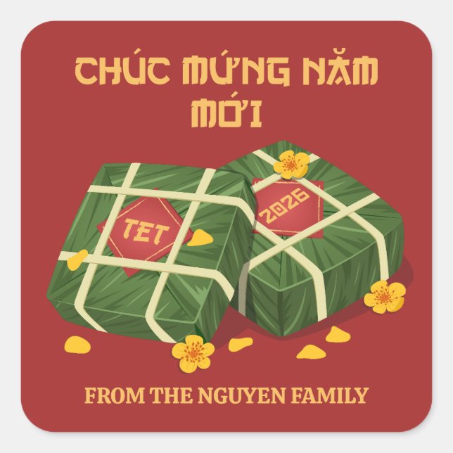 Pegatina Cuadrada Red & Gold Banh Chung Vietnamese Tet 2026 (Anverso)