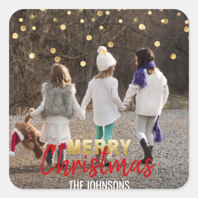 Pegatina Cuadrada RED Gold Purpurina Confetti Feliz Navidad | FOTO (Anverso)