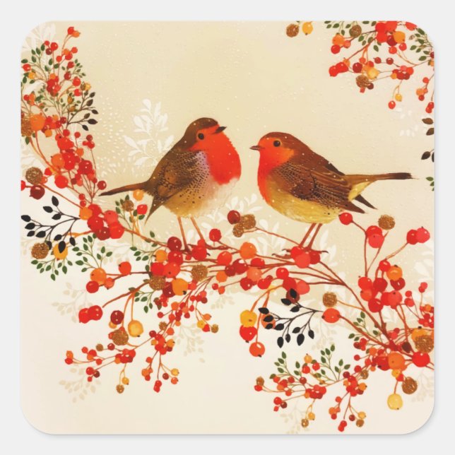 Pegatina Cuadrada Red Gold Winter Birds Holly Berry Branches (Anverso)