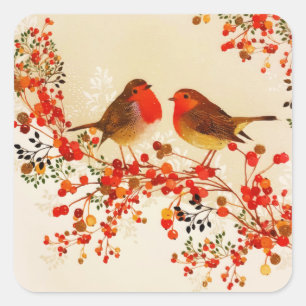 Pegatina Cuadrada Red Gold Winter Birds Holly Berry Branches