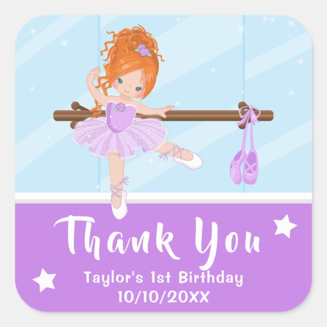 Pegatina Cuadrada Red Hair Ballerina Purple Birthday Gracias Squar (Anverso)