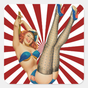 Pegatina Cuadrada Red Haired Pin-up Chica Retro Sunset