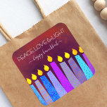 Pegatina Cuadrada Red Hanukkah Peace Love Light Blue Boho Candles<br><div class="desc">"Paz, amor y luz". Un ilustracion juguetón, moderno y artístico de velas de patrón boho te ayuda a iniciar las vacaciones de Hanukkah. Las variadas velas azules con coloridos patrones de Relieve metalizado falsos superponen un fondo rico y profundo naranja rojo quemado en textura. Sienta el calor y la alegría...</div>