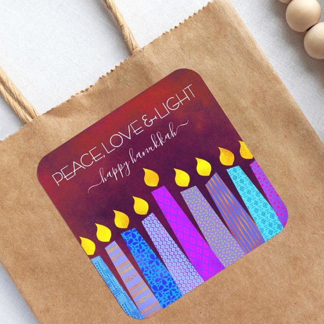 Pegatina Cuadrada Red Hanukkah Peace Love Light Blue Boho Candles (Subido por el creador)
