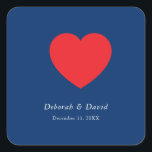Pegatina Cuadrada Red Heart Blue Modern Minimalist Wedding<br><div class="desc">You can easily change the fonts and colors. You can also add your logo and the background image as you like.</div>