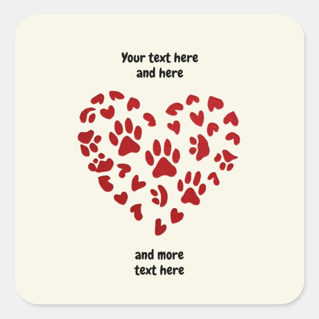 Pegatina Cuadrada Red Hearts & Paws, Pets, Dogs, Cats, Customizable (Anverso)