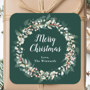 Pegatina Cuadrada Red Holly Wreath Merry Christmas