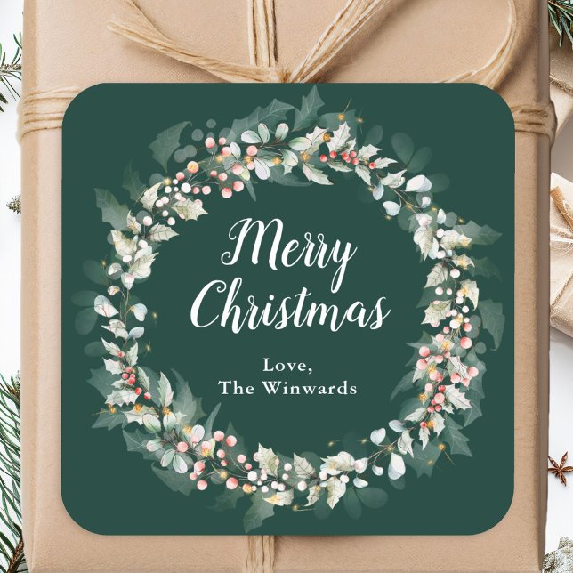 Pegatina Cuadrada Red Holly Wreath Merry Christmas (Subido por el creador)