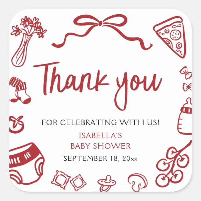 Pegatina Cuadrada Red Italian Hand Drawn Pizza Baby Shower Thank you (Anverso)