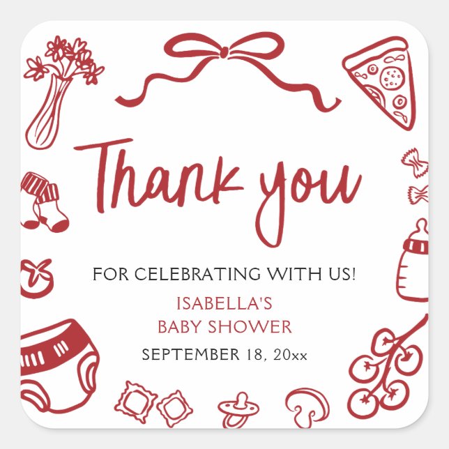 Pegatina Cuadrada Red Italian Hand Drawn Pizza Baby Shower Thank you (Anverso)