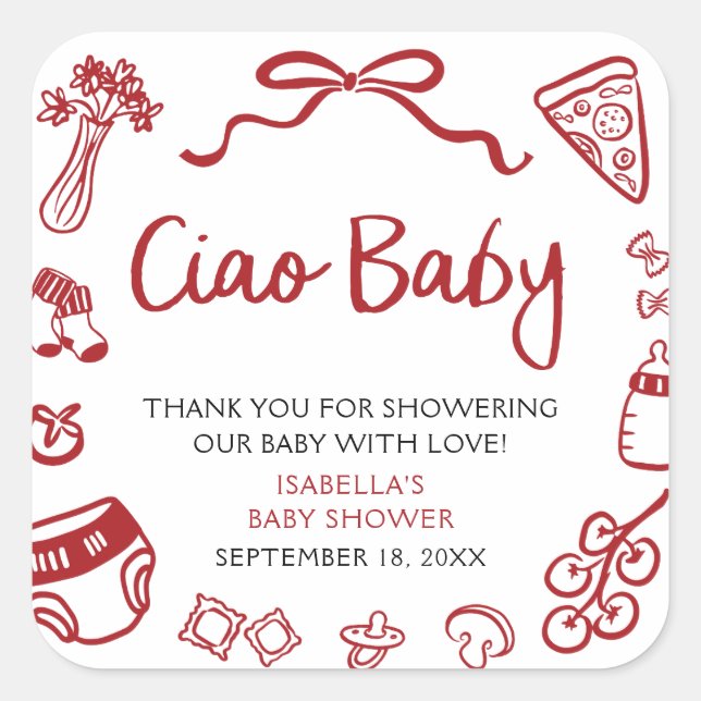 Pegatina Cuadrada Red Italian Hand Drawn Pizza Ciao Baby Baby Shower (Anverso)
