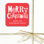 Pegatina Cuadrada Red Merry Christmas Nombre personalizado moderno<br><div class="desc">Red Merry Christmas Modern Nombre personalizado Los stickers son perfectos para sus Navidades fiestas y regalos con el texto "Feliz Navidad" en una divertida y caprichosa tipografía blanca sobre un fondo rojo. Personalizado con su nombre a continuación editando el texto en el cuadro de texto proporcionado. Diseñado por ©Evco Holidays...</div>