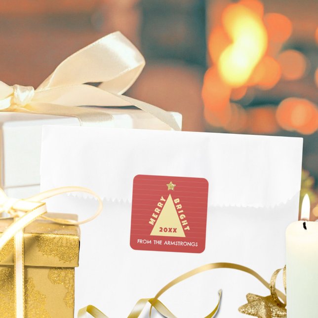 Pegatina Cuadrada Red Minimalist Christmas Tree Name (Red Minimalist Christmas Tree Name Square Sticker ©Susanne Sachers - Sunny Mind 🌞)