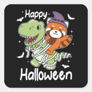 Pegatina Cuadrada Red Panda Happy Halloween T-rex Mummy Costume