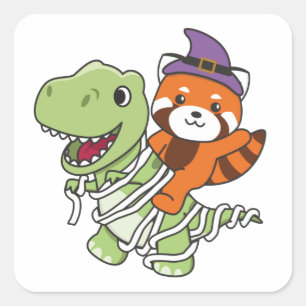 Pegatina Cuadrada Red Panda Happy Halloween T-rex Mummy Costume