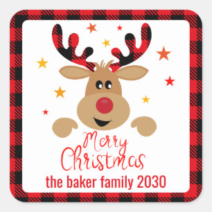 Pegatina Cuadrada Red Plaid Cute Girly Navidades Reindeo Nariz Roja