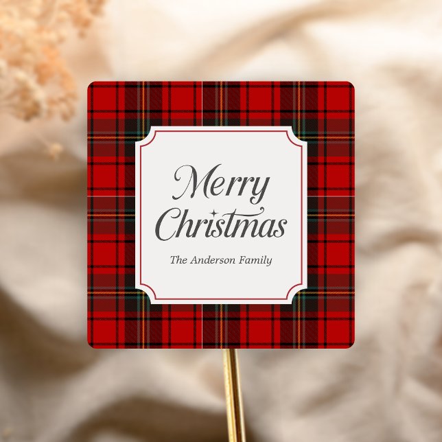 Pegatina Cuadrada Red Plaid Merry Christmas (Red Plaid Modern Merry Christmas Holiday Sticker)