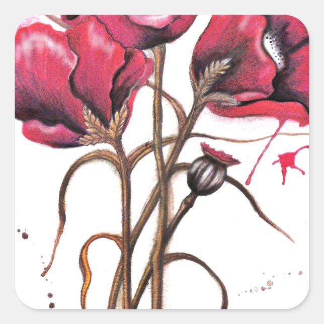 Pegatina Cuadrada Red Poppy Watercolor (Anverso)