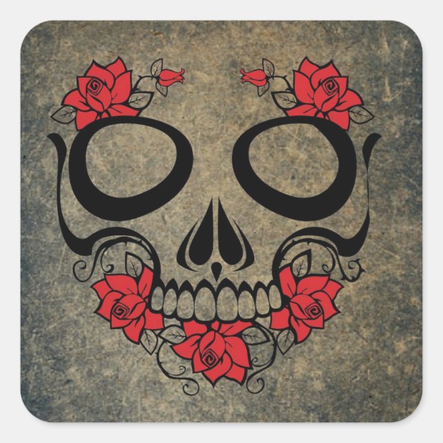 Pegatina Cuadrada Red Rose Skull (Anverso)