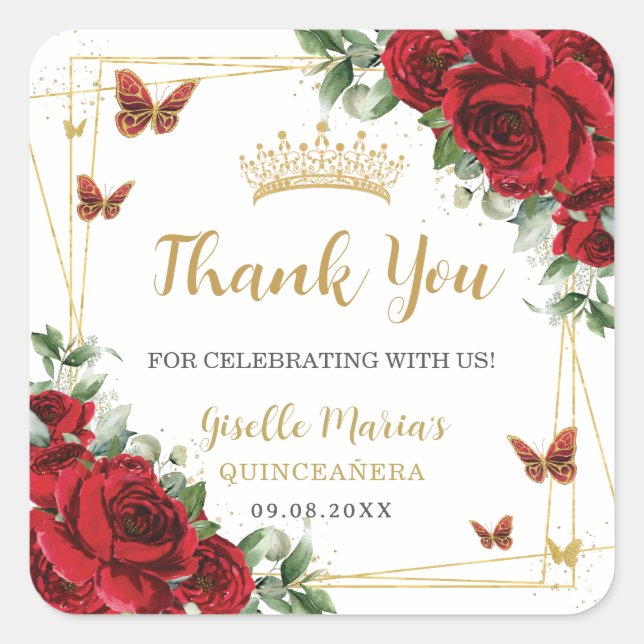 Pegatina Cuadrada Red Roses Floral Butterflies Quinceanera Sweet 16 (Anverso)