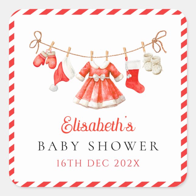 Pegatina Cuadrada Red Santa Baby Baby Shower (Anverso)