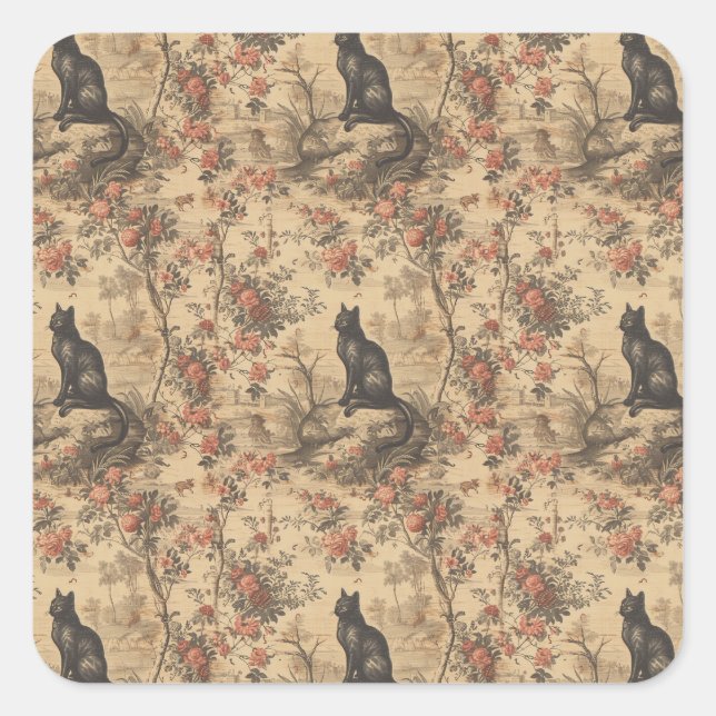 Pegatina Cuadrada Red Toile Chinoiserie Cat Damask (Anverso)