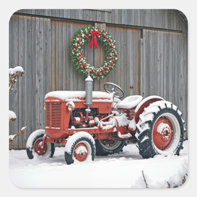 Pegatina Cuadrada Red Tractor With Christmas Wreath (Anverso)