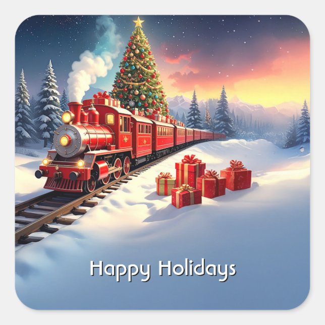 Pegatina Cuadrada Red Train Christmas Tree Holiday Sticker (Anverso)