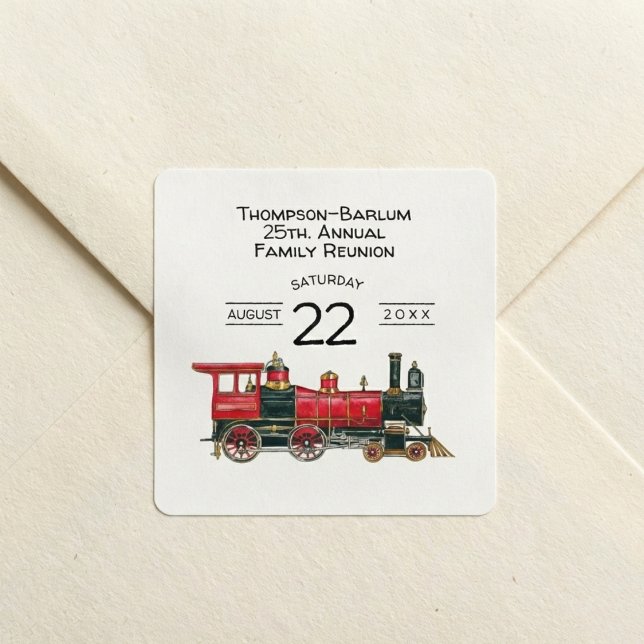 Pegatina Cuadrada Red Train Family Reunion (Red Train Family Reunion Invitation Square Sticker)