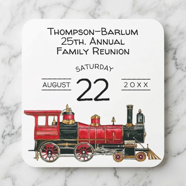 Pegatina Cuadrada Red Train Family Reunion (Red Train Family Reunion Invitation Square Sticker)