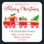 Pegatina Cuadrada Red Train Merry Christmas Red and Green Address<br><div class="desc">Pegatina de etiquetas de direcciones rojas y verdes para el tren rojo Feliz Navidad</div>