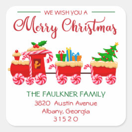 Pegatina Cuadrada Red Train Merry Christmas Red and Green Address