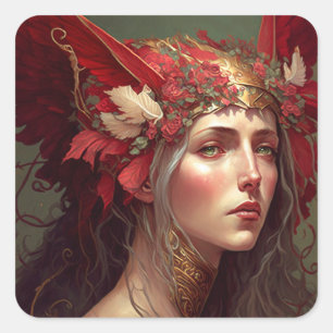 Pegatina Cuadrada Red Valkyrie Woman Fantasy Art