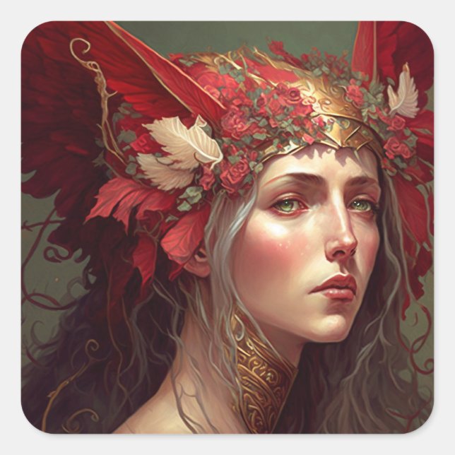 Pegatina Cuadrada Red Valkyrie Woman Fantasy Art (Anverso)