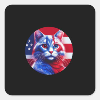 Pegatina Cuadrada Red White & Blue Cat With American Flag Background