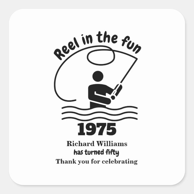 Pegatina Cuadrada Reel en el divertido pescador moderno 50 cumpleaño (Anverso)