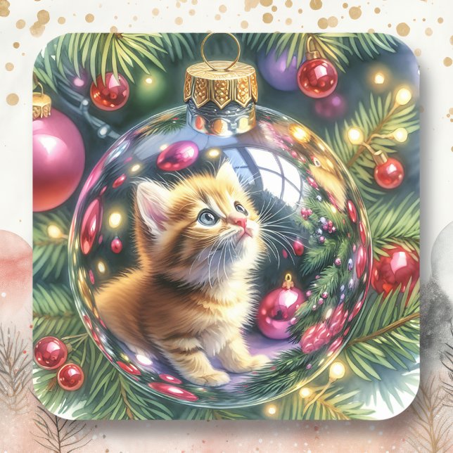Pegatina Cuadrada Reflexión sobre el gatito en un adorno navideño (Subido por el creador)