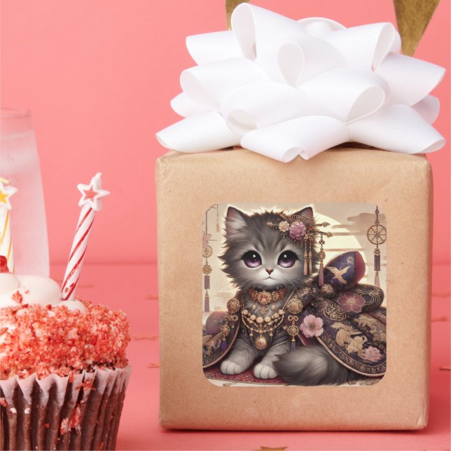 Pegatina Cuadrada Regal Kimono Princess Cat (Fiesta)