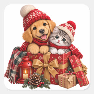 Pegatina Cuadrada Regalo adorable de cachorro y gatito de Navidad