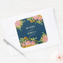 Pegatina Cuadrada Regalo botánico Boda azul de la Marina Oscura flor