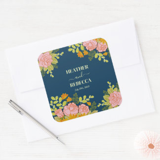 Pegatina Cuadrada Regalo botánico Boda azul de la Marina Oscura flor
