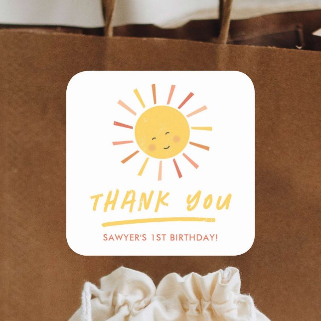 Pegatina Cuadrada Regalo de agradecimiento para fiesta de cumpleaños (Cute boho sunshine kids birthday party thank you favor sticker.)