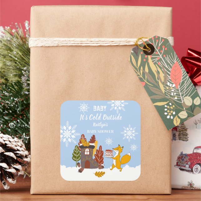 Pegatina Cuadrada Regalo de Baby Shower de Fox Winter Snowflakes (Vacaciones)