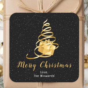 Pegatina Cuadrada Regalo de cinta dorada y negra Feliz Navidad